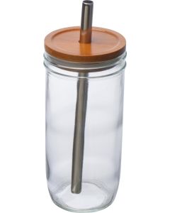 Glasbecher mit Bambusdeckel und Trinkhalm
