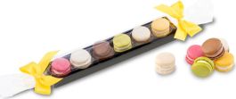 Macaron-Stange mit Schleifen - sechs bunte Macarons (60 g) als Werbeartikel