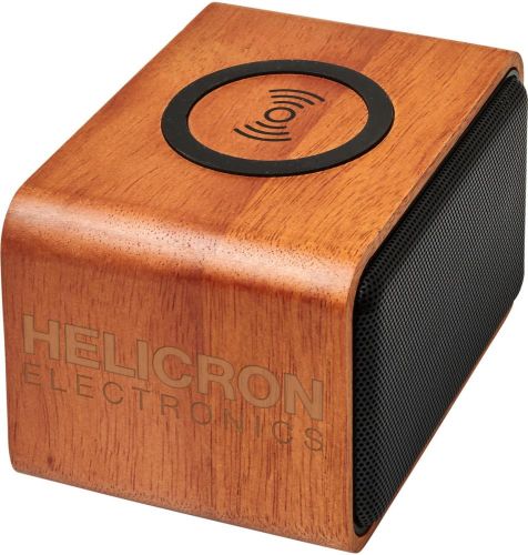 Wooden 3W Lautsprecher mit kabellosem Lade-Pad als Werbeartikel