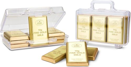 Goldkoffer mit 12 Goldbarren, Edelvollmilch-Schokolade (120 g) als Werbeartikel