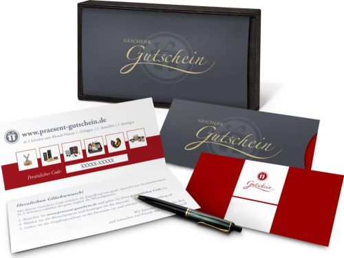 Geschenkgutschein Rot in Holzkiste, große Auswahl an Präsenten, Lifestyle- und Wellnessprodukten, Kategorie 10 € als Werbeartikel