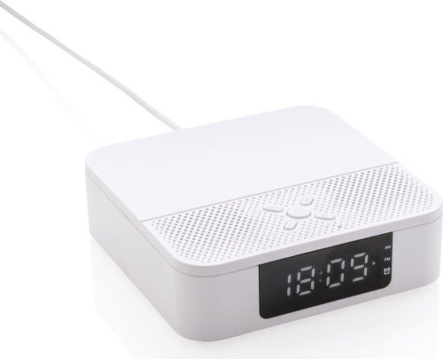 Wireless Charging Lautsprecher mit Zeitanzeige als Werbeartikel