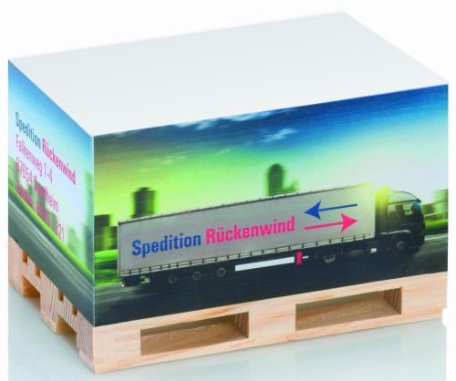 Zettelblock Mini-Holzpalette mit Digitaldruck als Werbeartikel