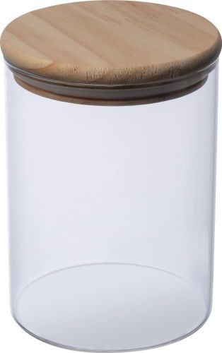 Dose aus Borosilikatglas mit Kiefernholzdeckel, 700 ml als Werbeartikel
