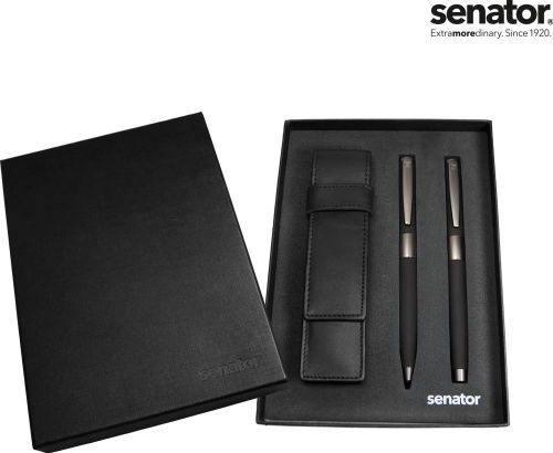 senator® Image Black Line Set (Drehkugelschreiber+ Füllhalter in Box mit Lederetui) als Werbeartikel