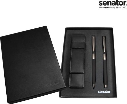 senator® Image Black Line Set (Drehkugelschreiber+ Rollerball in Box mit Lederetui) als Werbeartikel