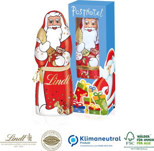 Lindt Weihnachtsmann mit Glöckchen, 70 g, Klimaneutral, FSC® als Werbeartikel