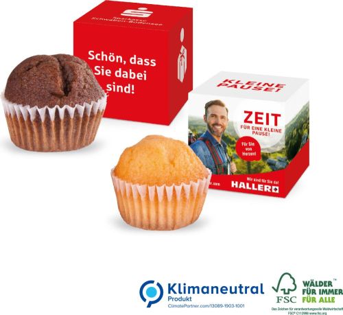 Muffin Mini im Werbe-Würfel, Klimaneutral, FSC® als Werbeartikel