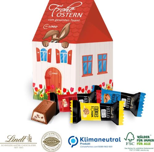 3D Präsent Haus mit Lindt HELLO Mini Sticks als Werbeartikel