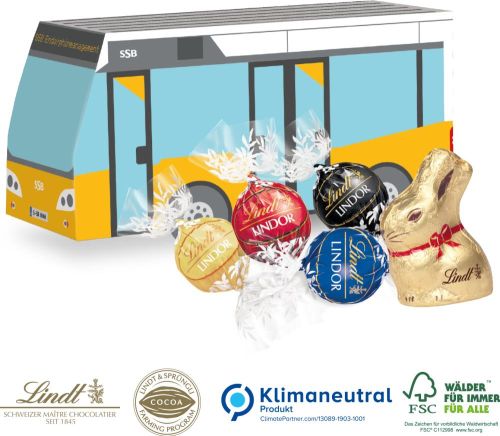 3D Präsent Bus mit Lindt Schokoladenmischung als Werbeartikel