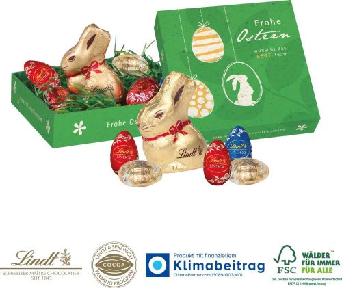 Osternest mit Schokolade von Lindt - Kartonage auch aus Graspapier - inkl. Digitaldruck als Werbeartikel