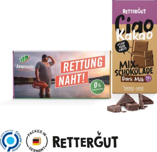 Rettergut Schokolade Werbeschuber aus weißem Karton als Werbeartikel