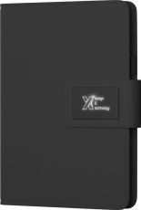 A5 Notizbuch O16 mit Powerbank und Leuchtlogo SCX.design als Werbeartikel