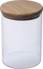 Dose aus Borosilikatglas mit Kiefernholzdeckel, 700 ml als Werbeartikel
