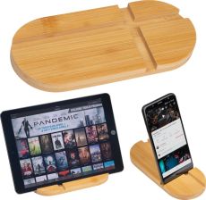 Tablet- und Smartphonehalter aus Bambus als Werbeartikel