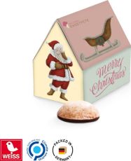 Lebkuchen Haus Werbeverpackung mit WEISS 4er Lebkuchen Mini mit Schokoladenboden als Werbeartikel
