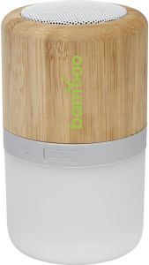 Bluetooth® Lautsprecher Aurea aus Bambus mit Licht als Werbeartikel