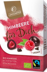 Bio Himbeere in Zartbitter-Schokolade Premium Box "für dich" 90g mit Logo Button als Werbeartikel