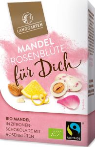 Bio Mandel-Rosenblüte in Zitronen-Schokolade Premium Box "für dich" 90g mit Logo Button als Werbeartikel