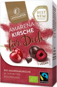 Bio Amarenakirsche in Zartbitter-Schokolade Premium Box "für dich" 90g mit Logo Button als Werbeartikel