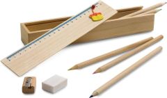 ELEPHANT Zeichenset aus Holz mit Lineal, Bleistift und Bleistiftspitzer aus Holz als Werbeartikel