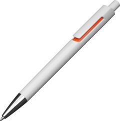 Weißer Kugelschreiber mit farbigen Applikationen als Werbeartikel