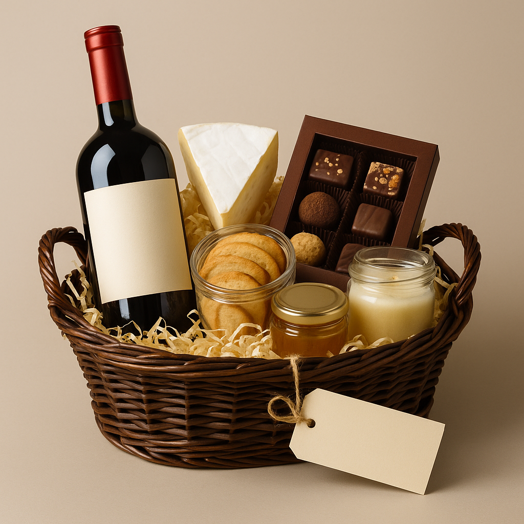 Geschenkkorb mit personalisierbaren Präsenten